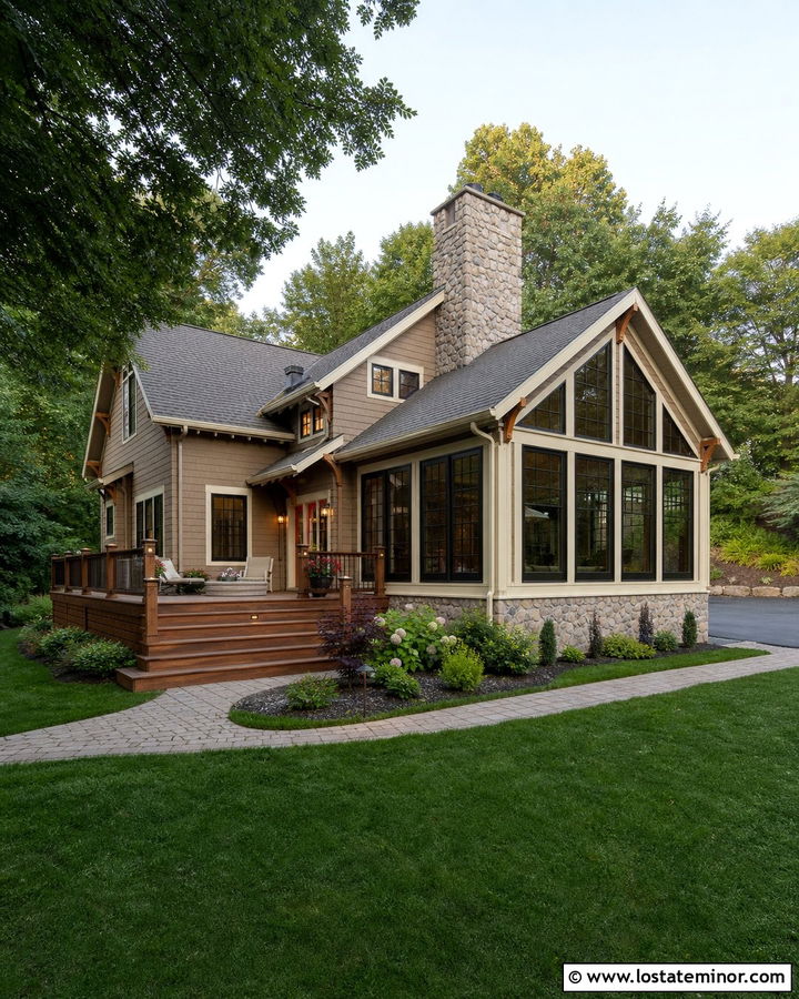 Caramel Tan Craftsman House With Fireplace Sunroom - 30 Tan House Design With Sunroom Ideas