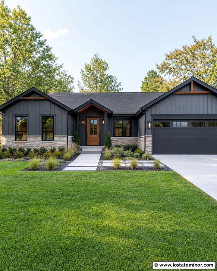 Charcoal Board and Batten With Stone Wainscoting - 30 Stone House Design With Board and Batten Ideas