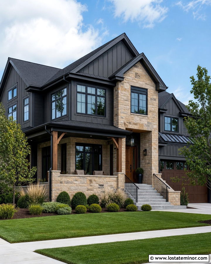 Charcoal Board and Batten With Tan Stone - 30 Stone House Design With Board and Batten Ideas