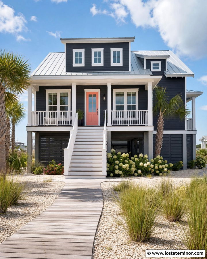 Charcoal Gray Beach House With Coral Front Door - 30 Charcoal Grey House Design With Front Door Ideas