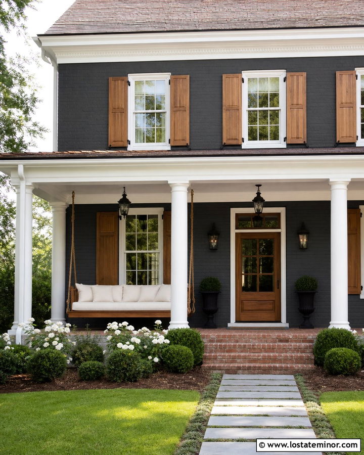 Charcoal Gray Brick House With Cedar Daybed - 30 Charcoal Grey House Design With Daybed Ideas