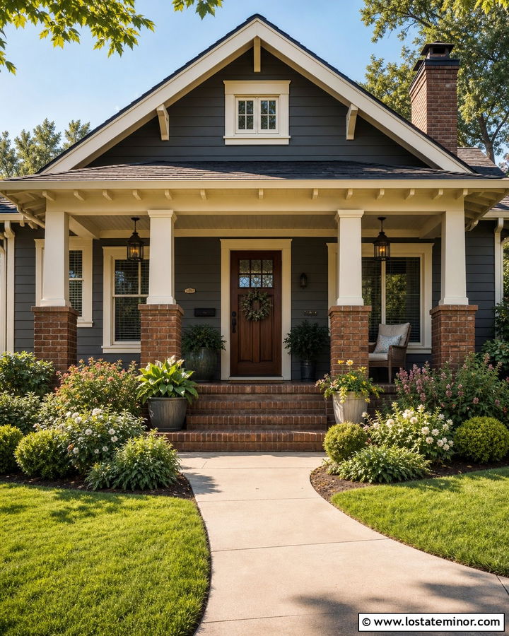 Charcoal Gray Bungalow With Brick Porch Columns - 30 Charcoal Grey House Design With Porch Columns Ideas