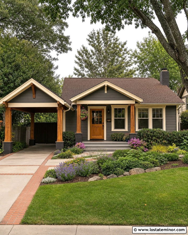 Charcoal Gray Bungalow With Gabled Carport - 30 Charcoal Grey House Design With Carport Ideas