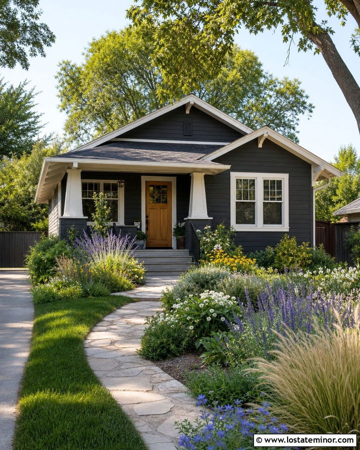 Charcoal Gray Bungalow With Pollinator Landscaping - 30 Charcoal Grey House Design With Landscaping Ideas
