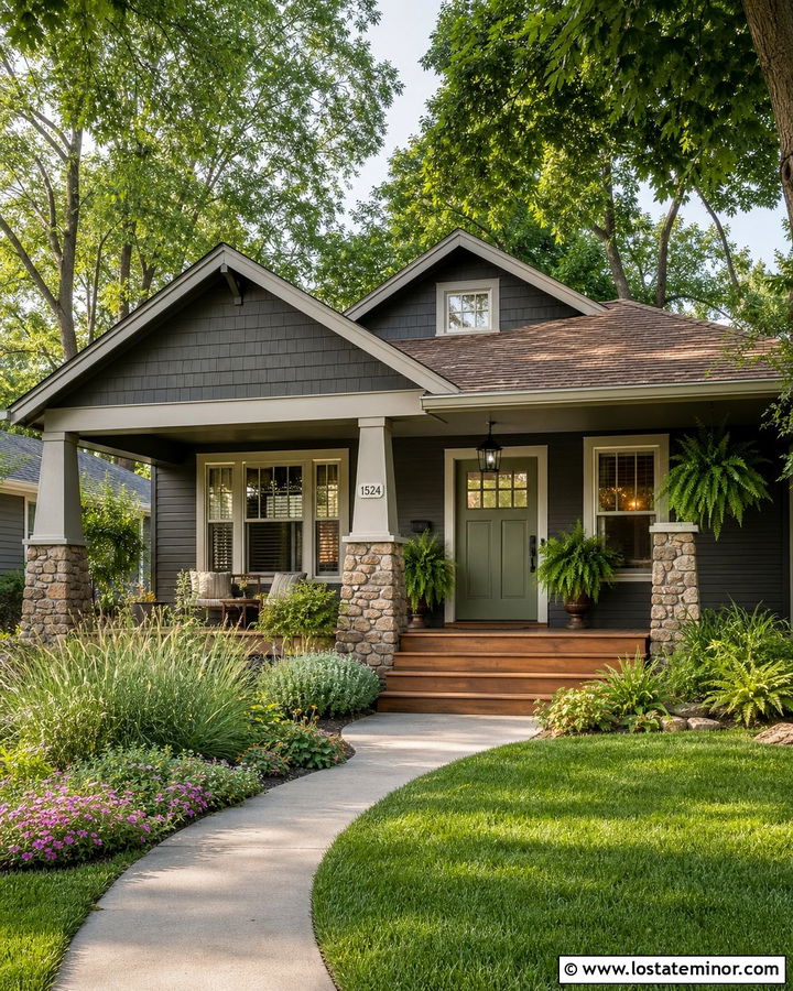 Charcoal Gray Bungalow With Sage Green Front Door - 30 Charcoal Grey House Design With Front Door Ideas