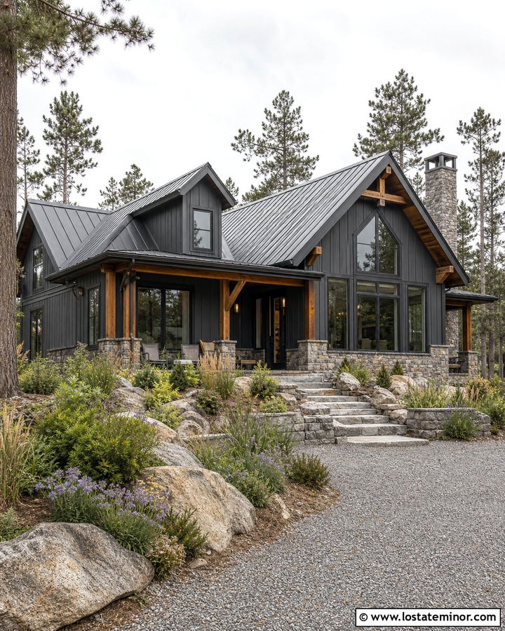 Charcoal Gray Cabin With Boulder Landscaping - 30 Charcoal Grey House Design With Landscaping Ideas