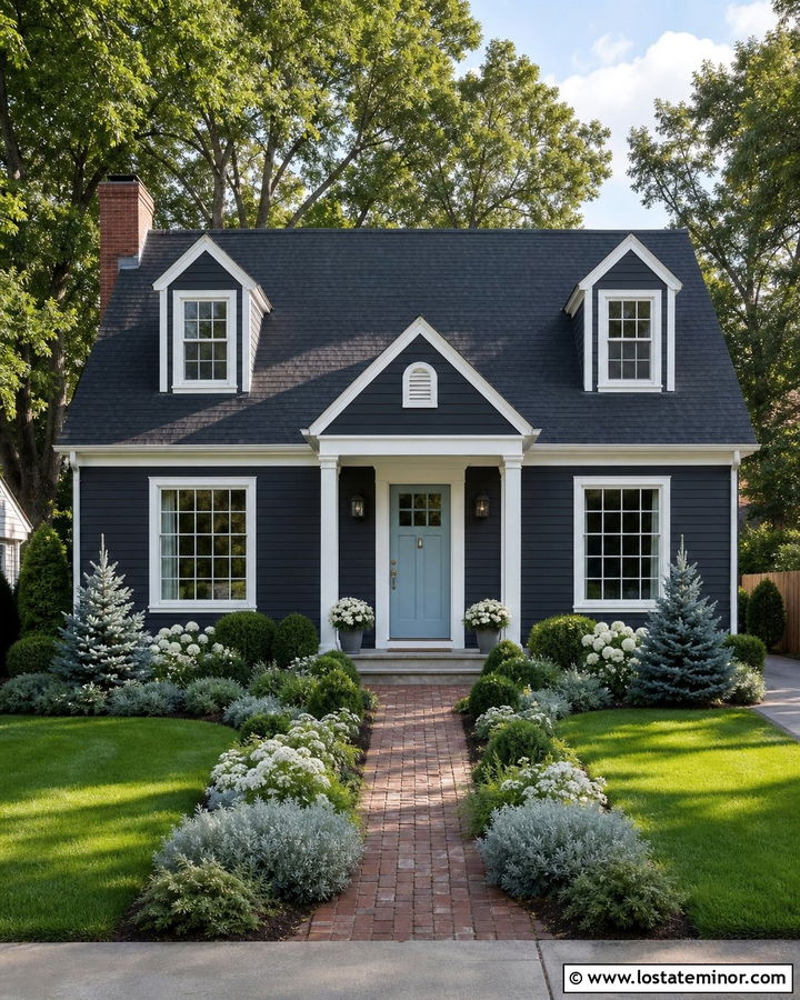 Charcoal Gray Cape Cod With Blue Green Landscaping - 30 Charcoal Grey House Design With Landscaping Ideas