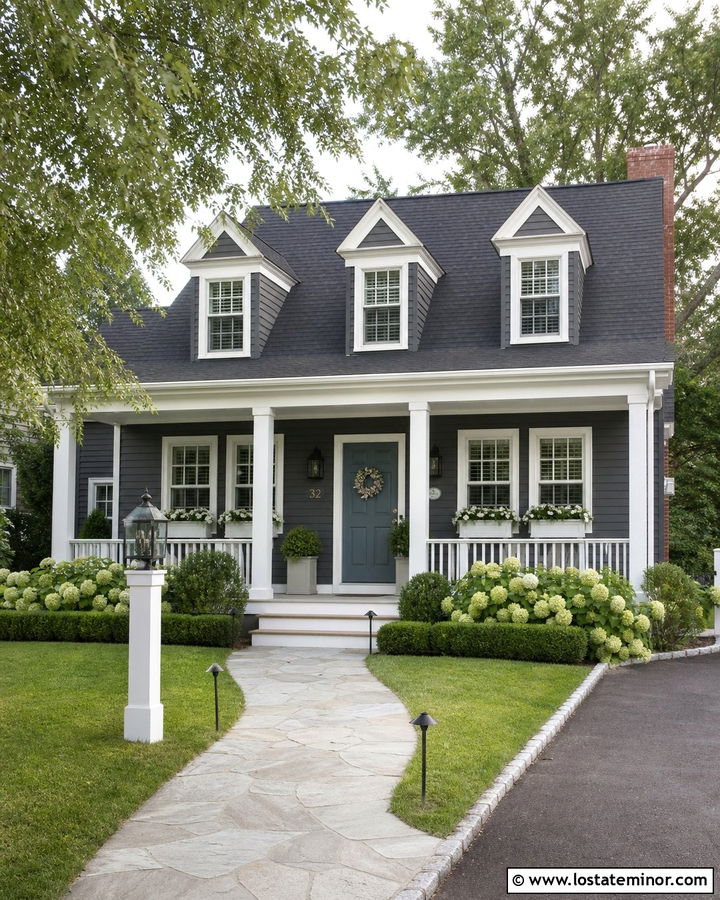 Charcoal Gray Cape Cod With White Porch Columns - 30 Charcoal Grey House Design With Porch Columns Ideas