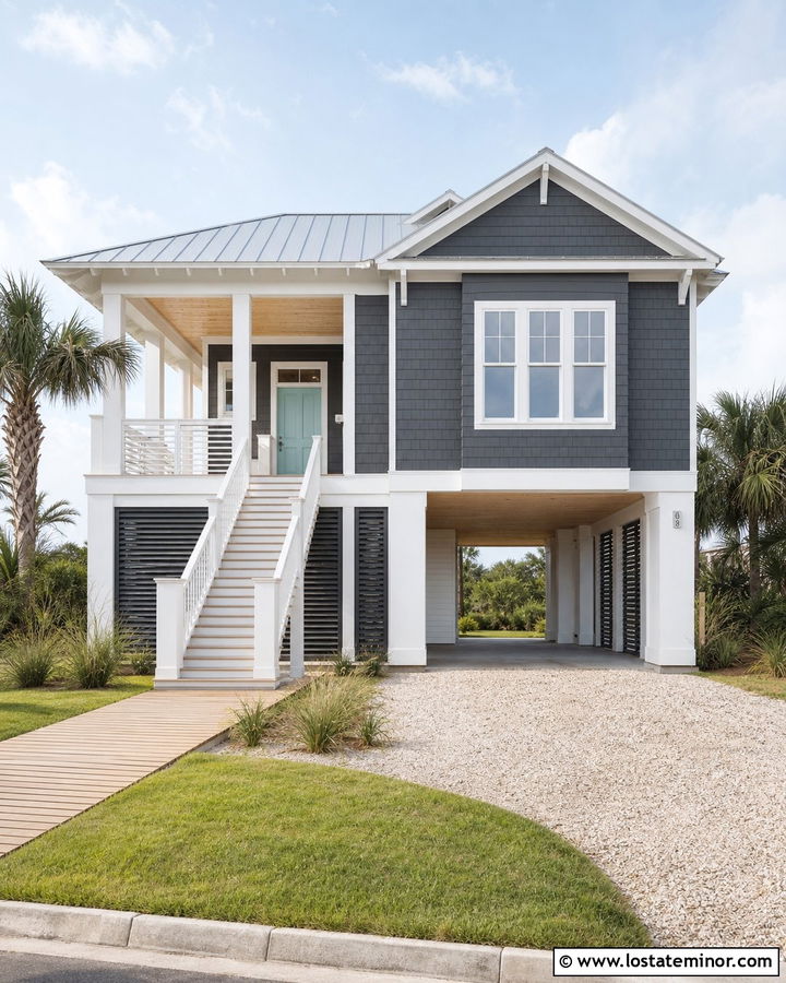 Charcoal Gray Coastal House With Carport - 30 Charcoal Grey House Design With Carport Ideas