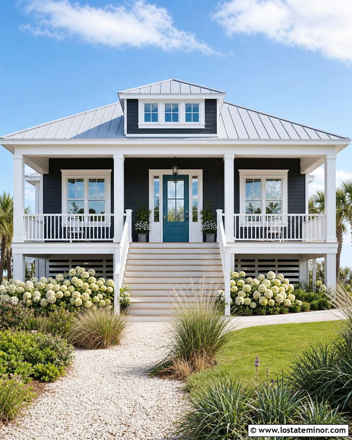 Charcoal Gray Coastal House With Teal Front Door - 30 Charcoal Grey House Design With Front Door Ideas