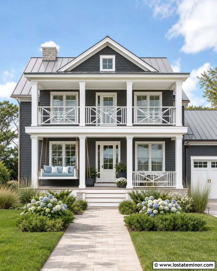 Charcoal Gray Coastal House With White Daybed - 30 Charcoal Grey House Design With Daybed Ideas