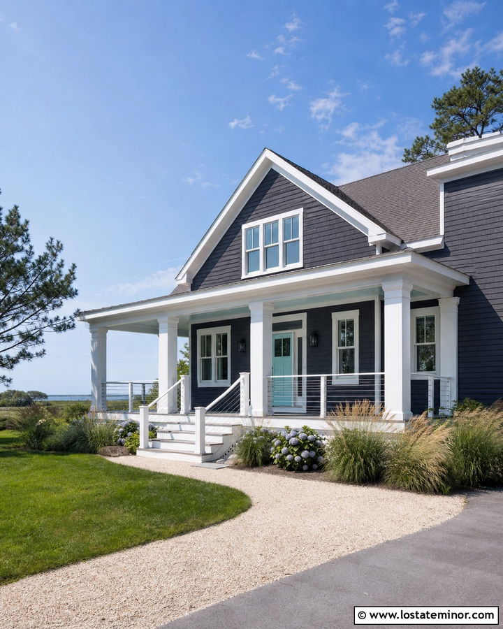 Charcoal Gray Coastal House With White Porch Columns - 30 Charcoal Grey House Design With Porch Columns Ideas