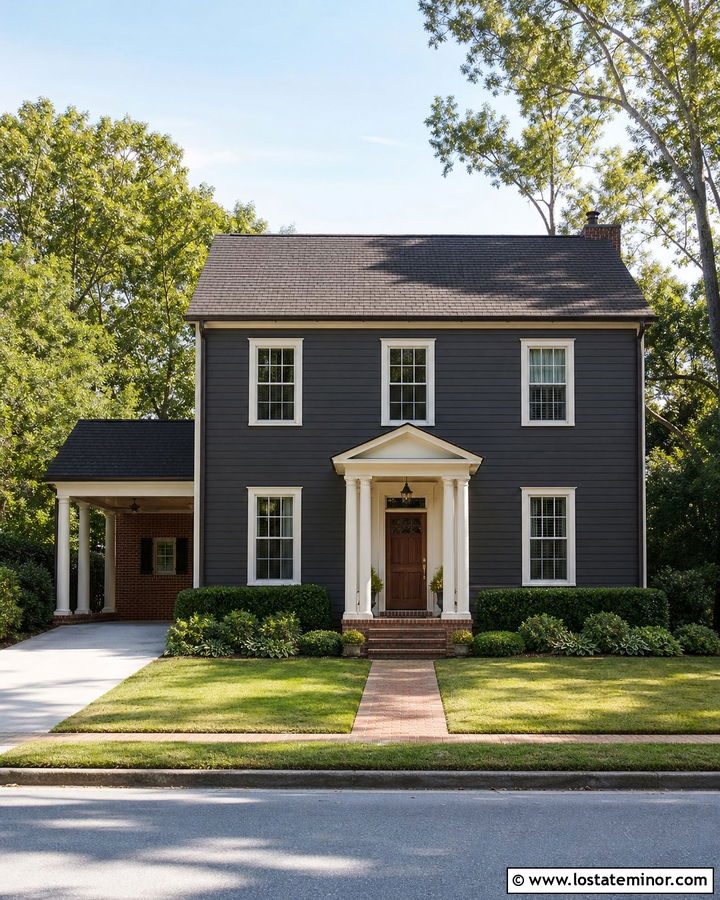 Charcoal Gray Colonial House With Side Carport - 30 Charcoal Grey House Design With Carport Ideas