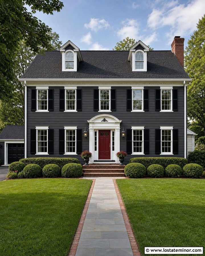 Charcoal Gray Colonial With Deep Red Front Door - 30 Charcoal Grey House Design With Front Door Ideas