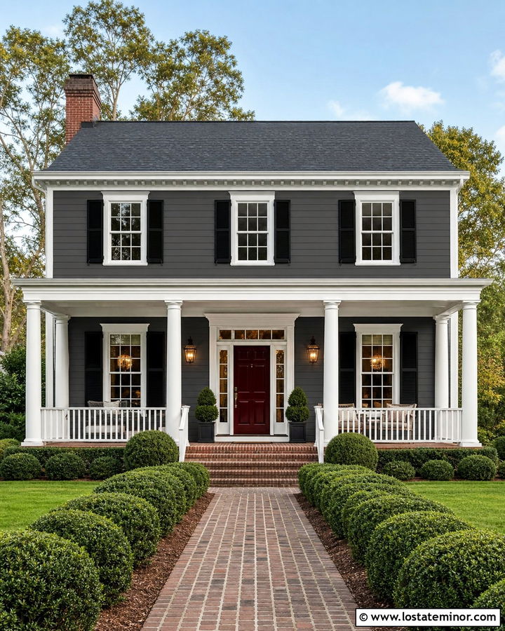 Charcoal Gray Colonial With Round White Porch Columns - 30 Charcoal Grey House Design With Porch Columns Ideas