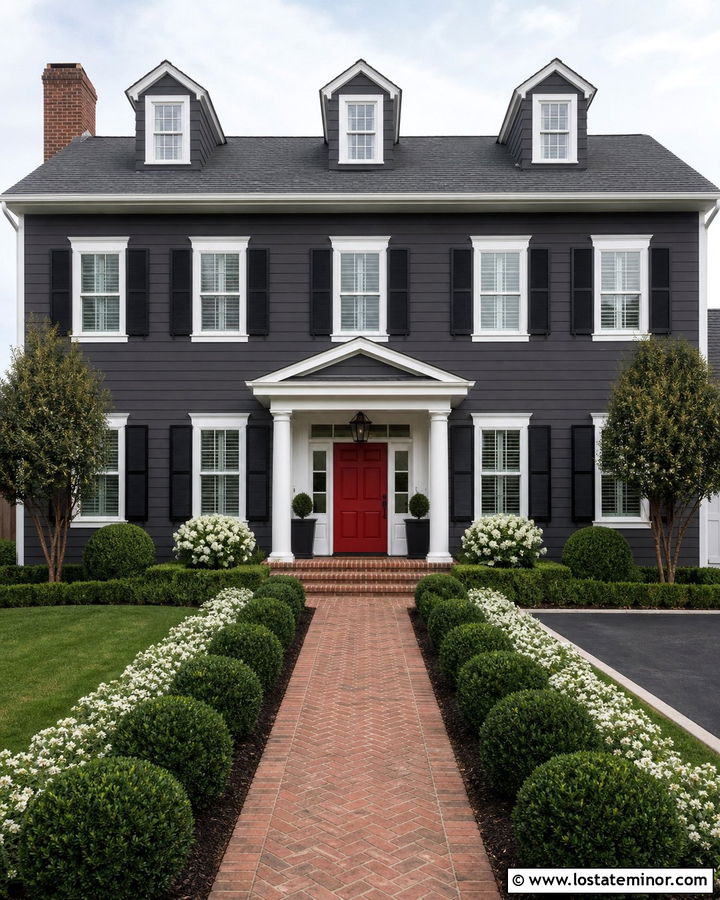 Charcoal Gray Colonial With Symmetrical Landscaping - 30 Charcoal Grey House Design With Landscaping Ideas