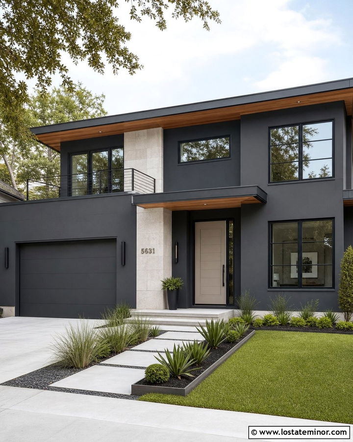 Charcoal Gray Contemporary House With Greige Front Door - 30 Charcoal Grey House Design With Front Door Ideas