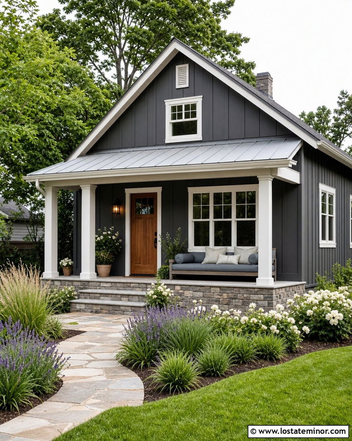 Charcoal Gray Cottage With Blue Daybed - 30 Charcoal Grey House Design With Daybed Ideas