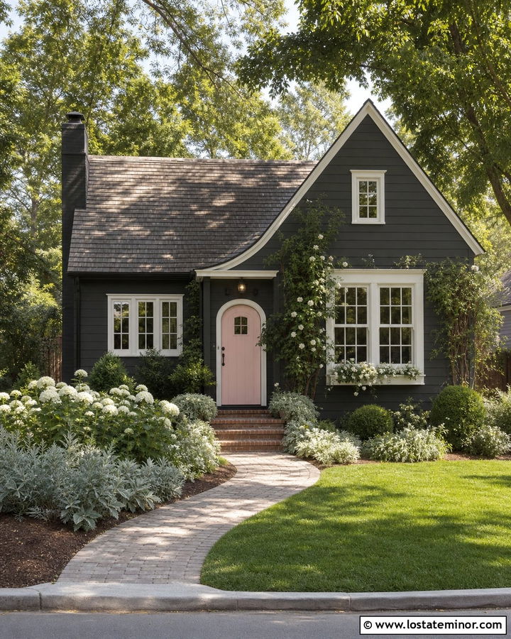 Charcoal Gray Cottage With Blush Pink Front Door - 30 Charcoal Grey House Design With Front Door Ideas