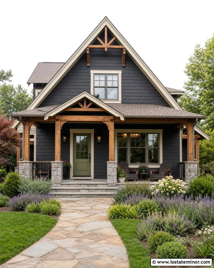 Charcoal Gray Cottage With Natural Wood Porch Columns - 30 Charcoal Grey House Design With Porch Columns Ideas