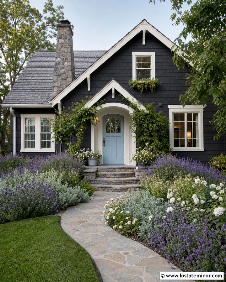 Charcoal Gray Cottage With Powder Blue Front Door - 30 Charcoal Grey House Design With Front Door Ideas