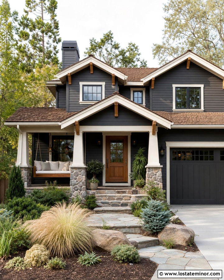 Charcoal Gray Craftsman With Cedar Daybed - 30 Charcoal Grey House Design With Daybed Ideas