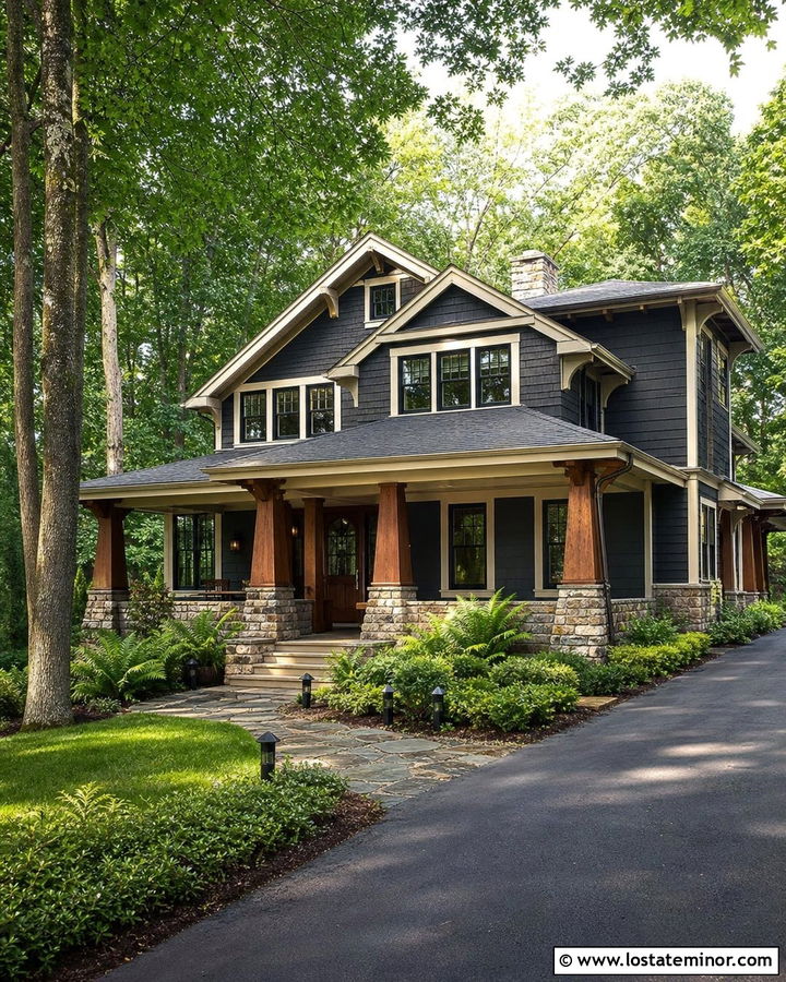 Charcoal Gray Craftsman With Fern Landscaping - 30 Charcoal Grey House Design With Landscaping Ideas