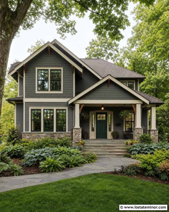 Charcoal Gray Craftsman With Forest Green Front Door - 30 Charcoal Grey House Design With Front Door Ideas