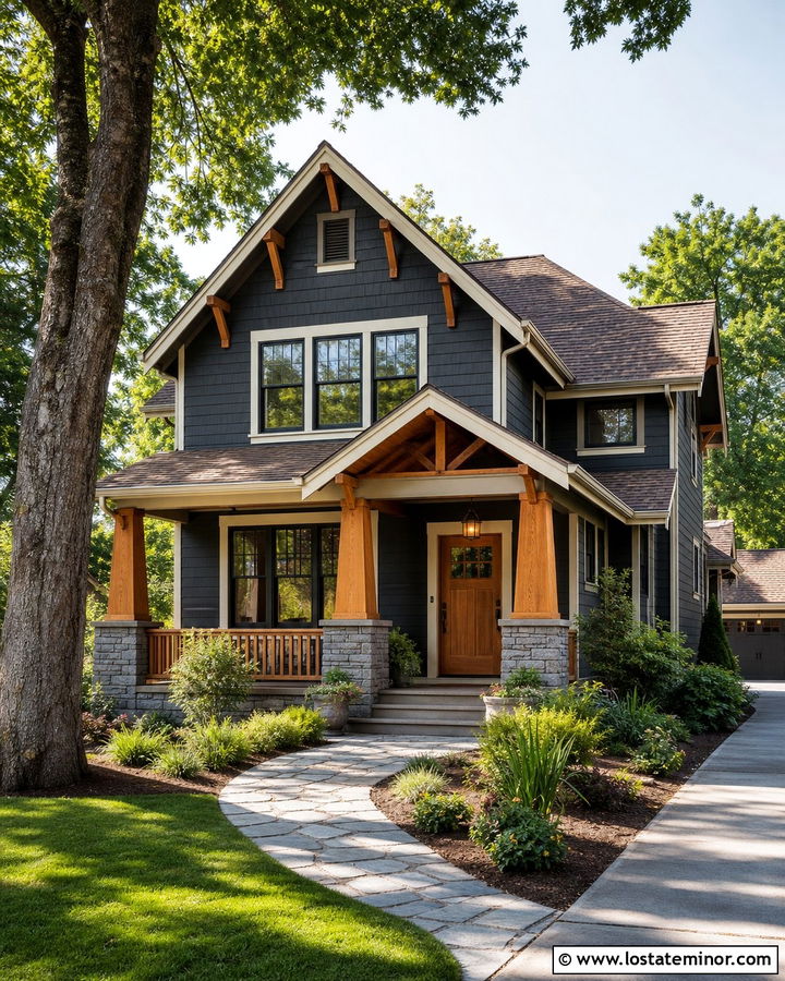 Charcoal Gray Craftsman With Natural Wood Front Door - 30 Charcoal Grey House Design With Front Door Ideas
