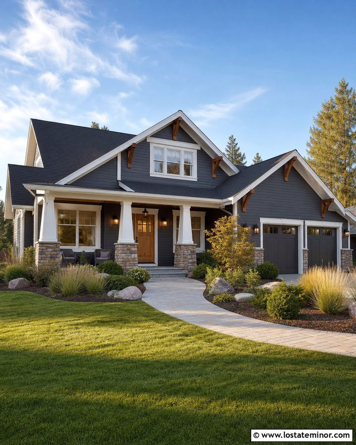 Charcoal Gray Craftsman With Tapered Stone Porch Columns - 30 Charcoal Grey House Design With Porch Columns Ideas