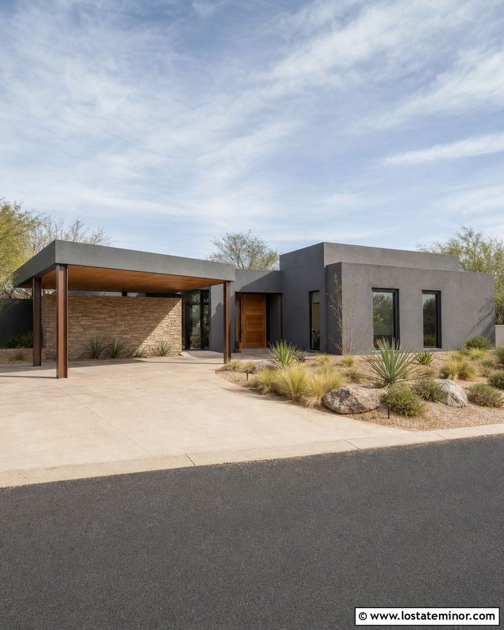 Charcoal Gray Desert House With Carport - 30 Charcoal Grey House Design With Carport Ideas