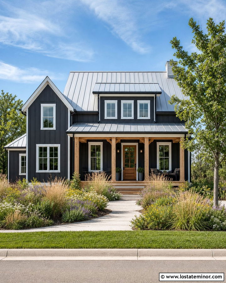 Charcoal Gray Farmhouse With Meadow Landscaping - 30 Charcoal Grey House Design With Landscaping Ideas
