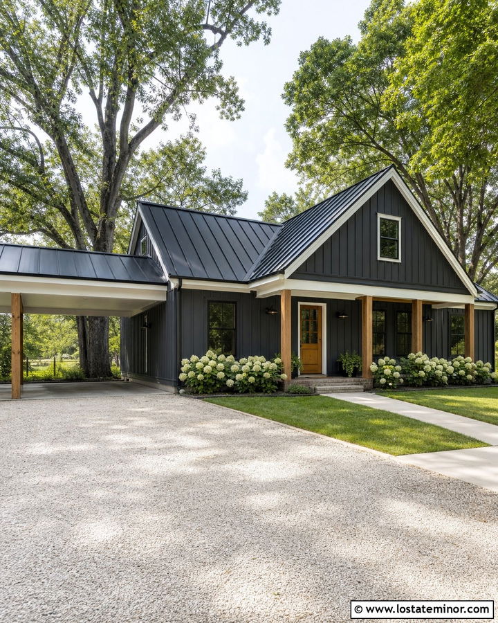 Charcoal Gray Farmhouse With Side Carport - 30 Charcoal Grey House Design With Carport Ideas