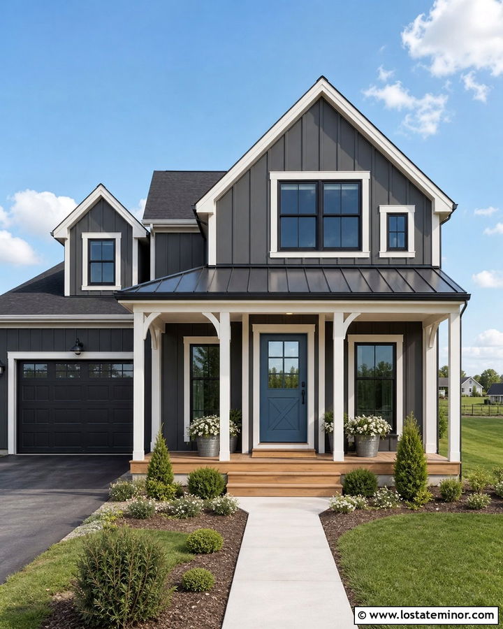 Charcoal Gray Farmhouse With Steel Blue Dutch Door - 30 Charcoal Grey House Design With Front Door Ideas