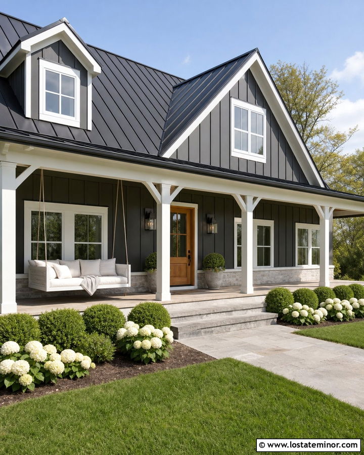 Charcoal Gray Farmhouse With White Porch Daybed - 30 Charcoal Grey House Design With Daybed Ideas