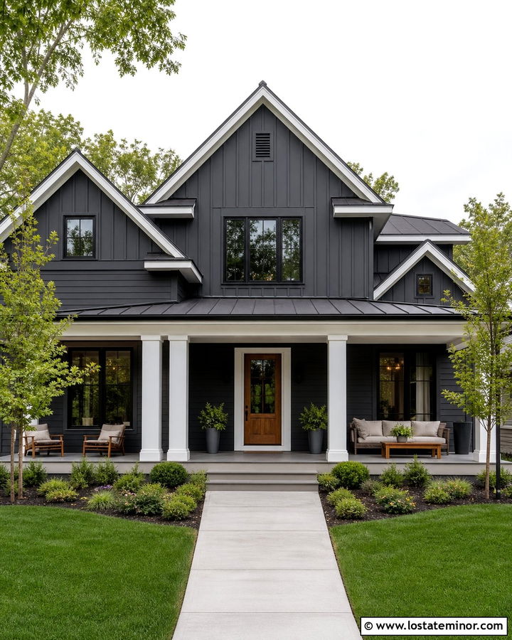 Charcoal Gray Farmhouse With White Square Porch Columns - 30 Charcoal Grey House Design With Porch Columns Ideas