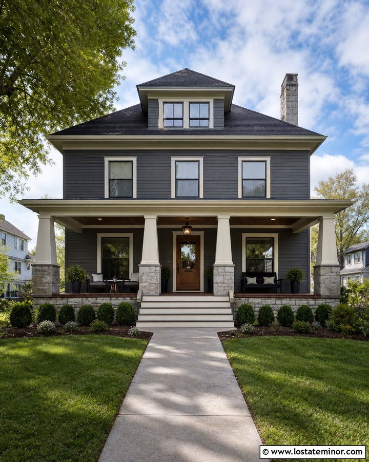 Charcoal Gray Foursquare With Craftsman Porch Columns - 30 Charcoal Grey House Design With Porch Columns Ideas