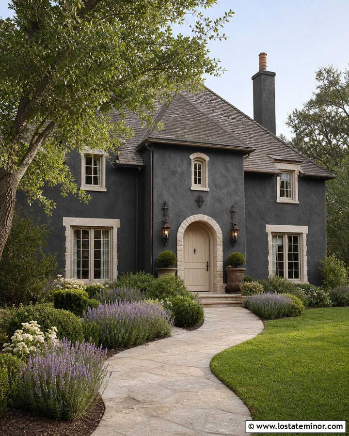 Charcoal Gray French Country House With Cream Front Door - 30 Charcoal Grey House Design With Front Door Ideas