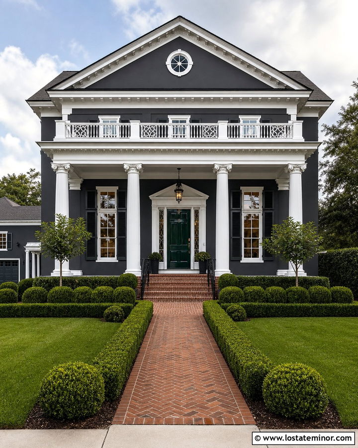 Charcoal Gray Greek Revival With Tall White Porch Columns - 30 Charcoal Grey House Design With Porch Columns Ideas