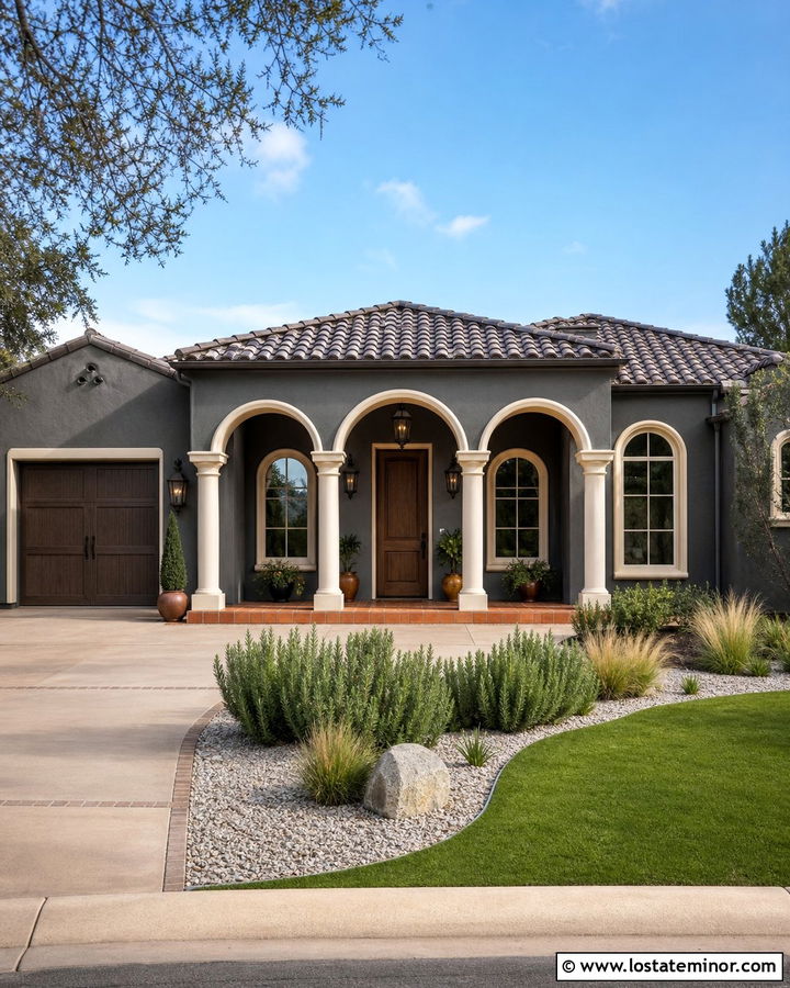 Charcoal Gray House With Arched Porch Columns - 30 Charcoal Grey House Design With Porch Columns Ideas