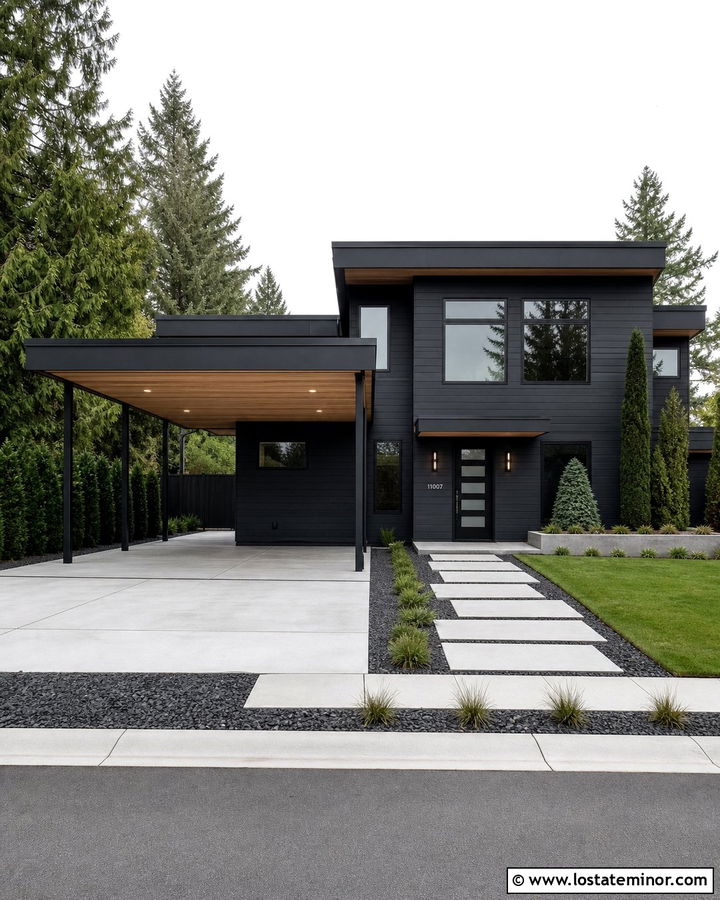 Charcoal Gray House With Black Metal Carport - 30 Charcoal Grey House Design With Carport Ideas