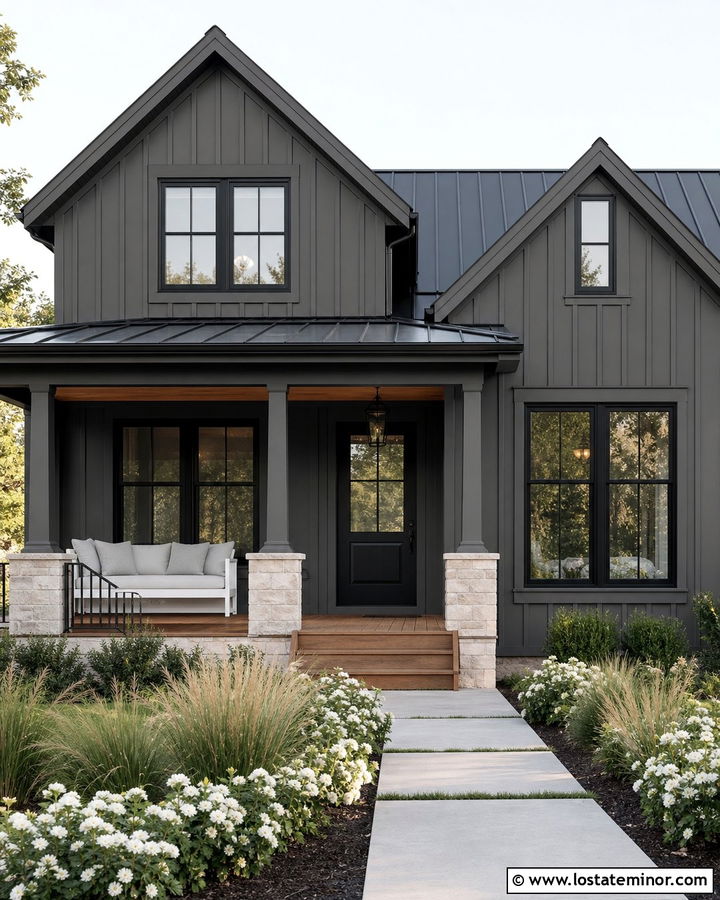 Charcoal Gray House With Black Trim And White Daybed - 30 Charcoal Grey House Design With Daybed Ideas