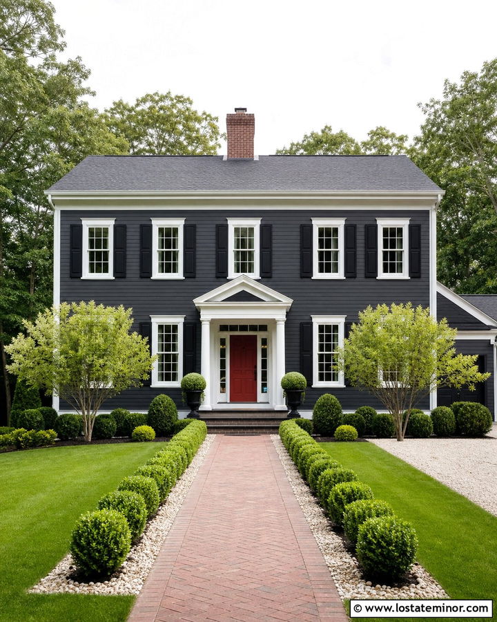 Charcoal Gray House With Boxwood Landscaping - 30 Charcoal Grey House Design With Landscaping Ideas