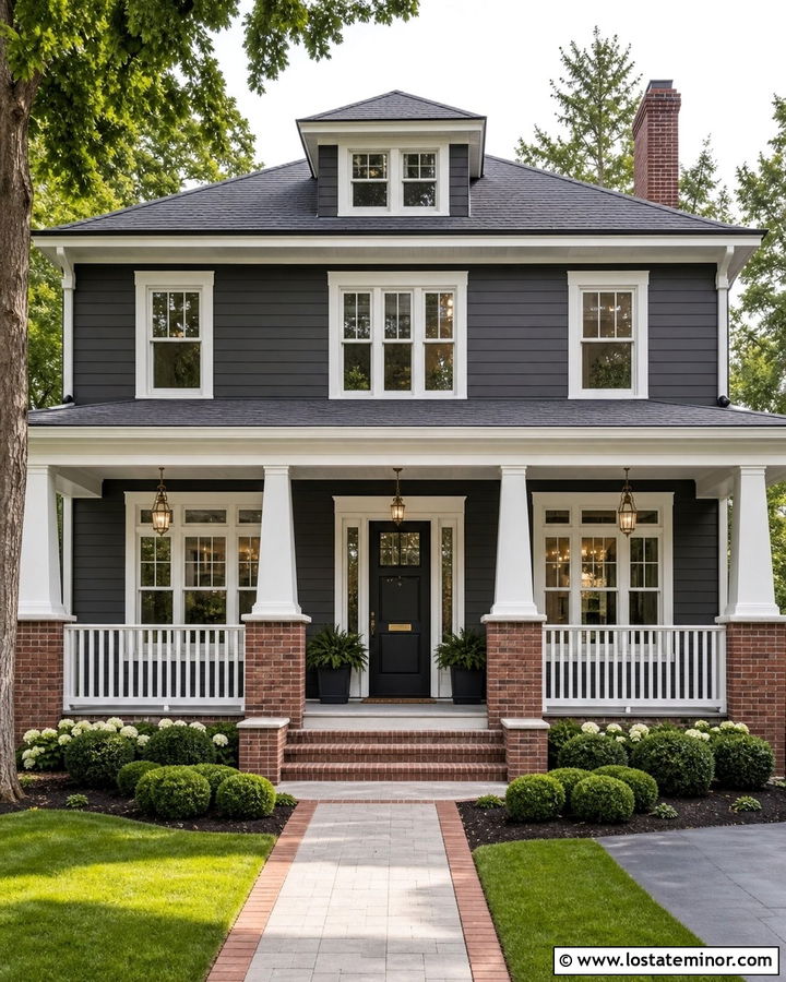 Charcoal Gray House With Brick And White Porch Columns - 30 Charcoal Grey House Design With Porch Columns Ideas