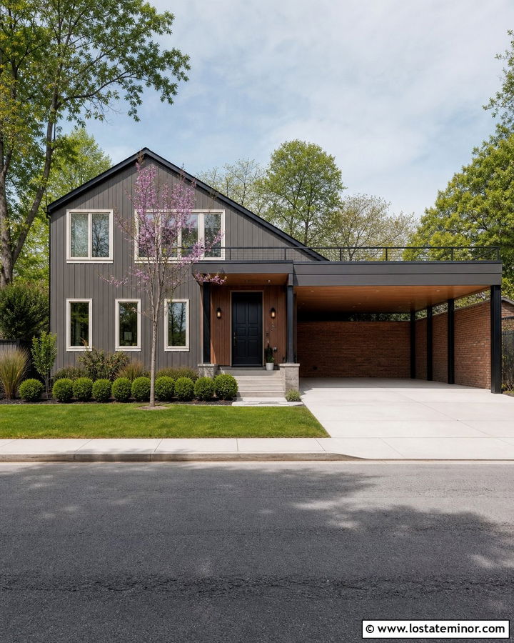 Charcoal Gray House With Brick Carport Wall - 30 Charcoal Grey House Design With Carport Ideas