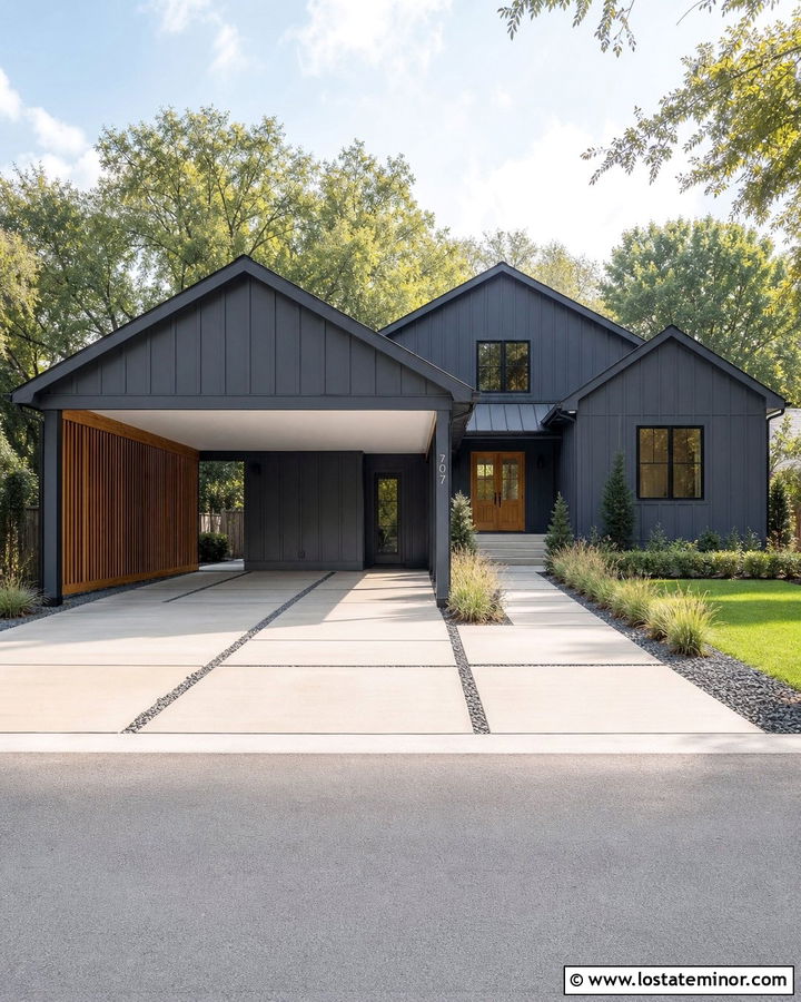 Charcoal Gray House With Carport Privacy Screen - 30 Charcoal Grey House Design With Carport Ideas