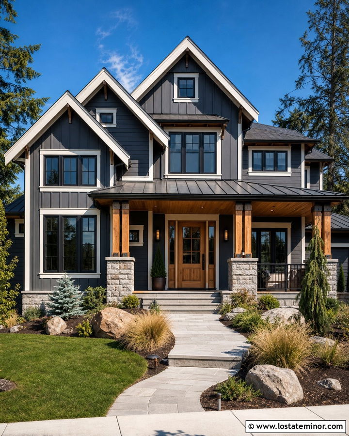Charcoal Gray House With Cedar And Stone Porch Columns - 30 Charcoal Grey House Design With Porch Columns Ideas