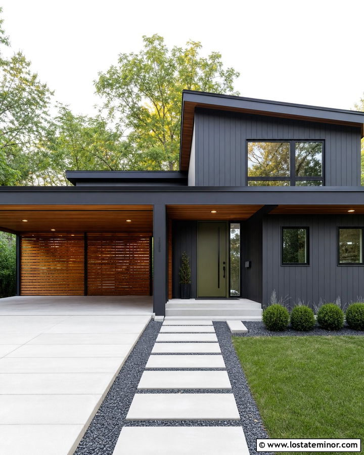 Charcoal Gray House With Cedar Slat Carport - 30 Charcoal Grey House Design With Carport Ideas