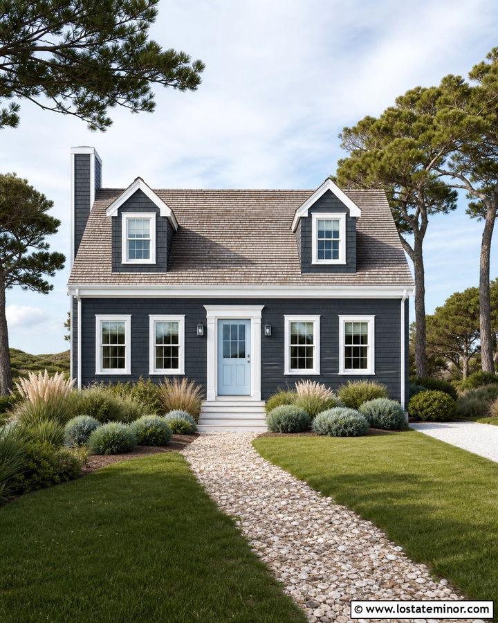 Charcoal Gray House With Coastal Grass Landscaping - 30 Charcoal Grey House Design With Landscaping Ideas