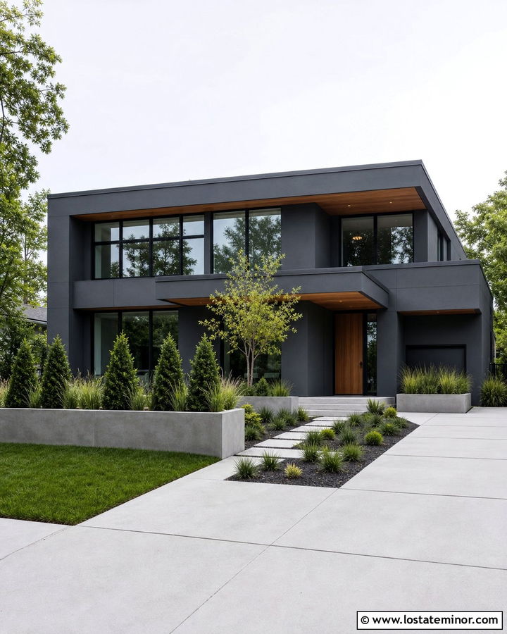 Charcoal Gray House With Concrete Planters - 30 Charcoal Grey House Design With Landscaping Ideas